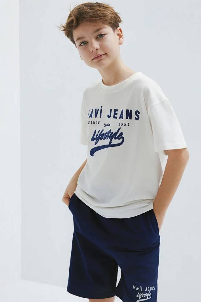 Erkek Çocuk Mavi Jeans Baskılı Tişört 6610474-70057 Ekru 