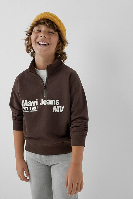 Erkek Çocuk Mavi Jeans Baskılı Yarım Fermuarlı Sweat 6S10142-88067 Kahve