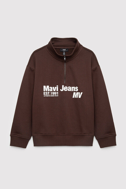 Erkek Çocuk Mavi Jeans Baskılı Yarım Fermuarlı Sweat 6S10142-88067 Kahve (1)