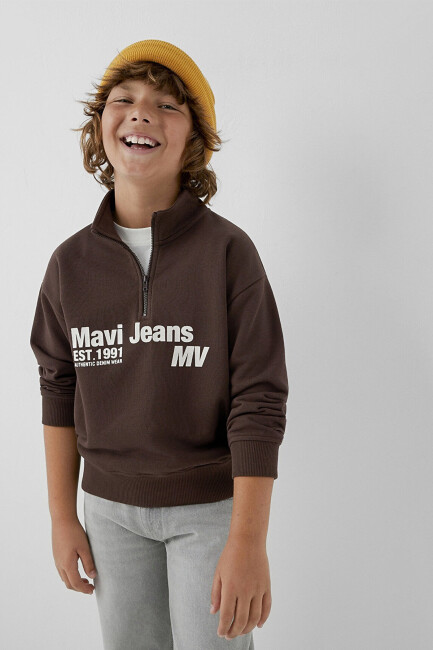 Erkek Çocuk Mavi Jeans Baskılı Yarım Fermuarlı Sweat 6S10142-88067 Kahve 