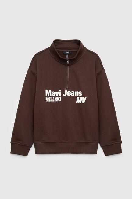 Erkek Çocuk Mavi Jeans Baskılı Yarım Fermuarlı Sweat 6S10142-88067 Kahve  (1)