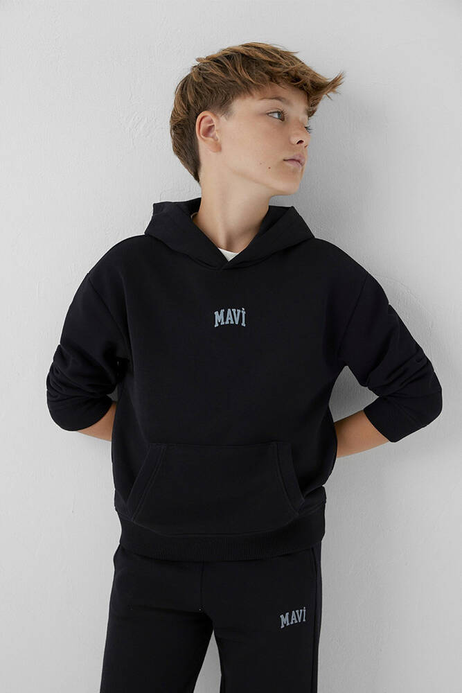 Erkek Çocuk Mavi Logo Baskılı Kapüşonlu Sweat 6S10199-900 Siyah 