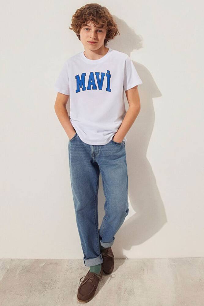 Erkek Çocuk Mavi Logo Baskılı Tişört 6610030-620 Beyaz 