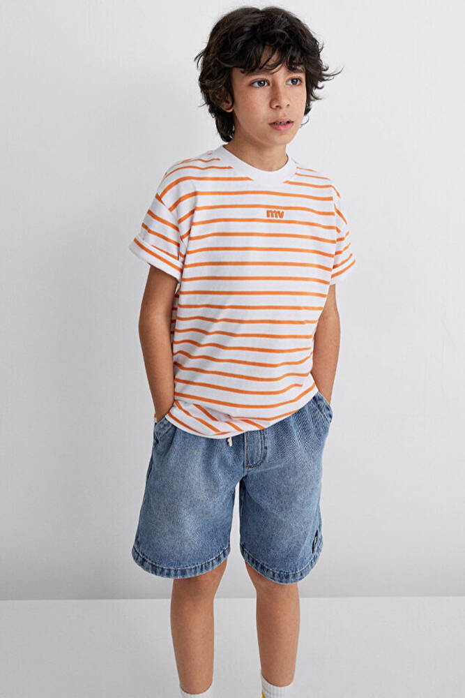 Erkek Çocuk MV Baskılı Çizgili Tişört 6610252-89160 Turuncu 