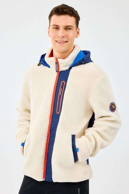 Erkek Fleece Full Zıp Sweat S242039-102 Ekru - Thumbnail