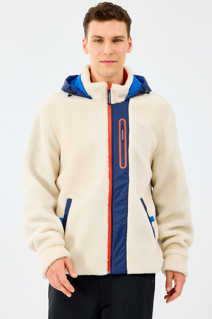 Erkek Fleece Full Zıp Sweat S242039-102 Ekru - Thumbnail