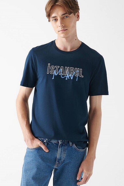 Erkek İstanbul Baskılı Tişört 067114-34319 Lacivert (2)