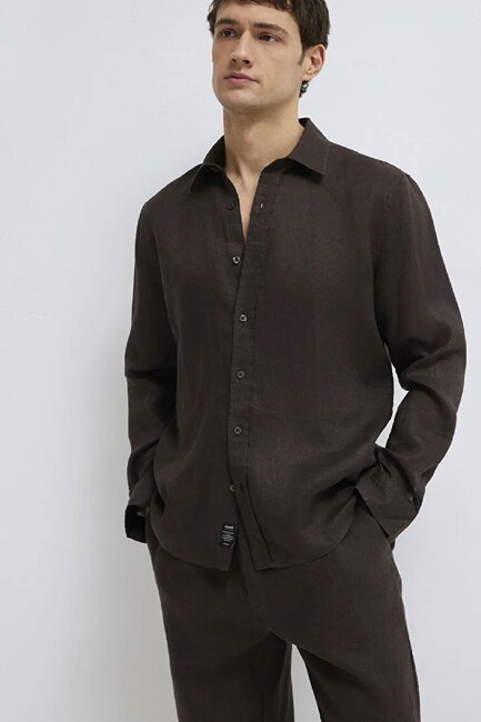 Erkek Keten Karışımlı Gömlek 0211466-70219 Kahve (1)