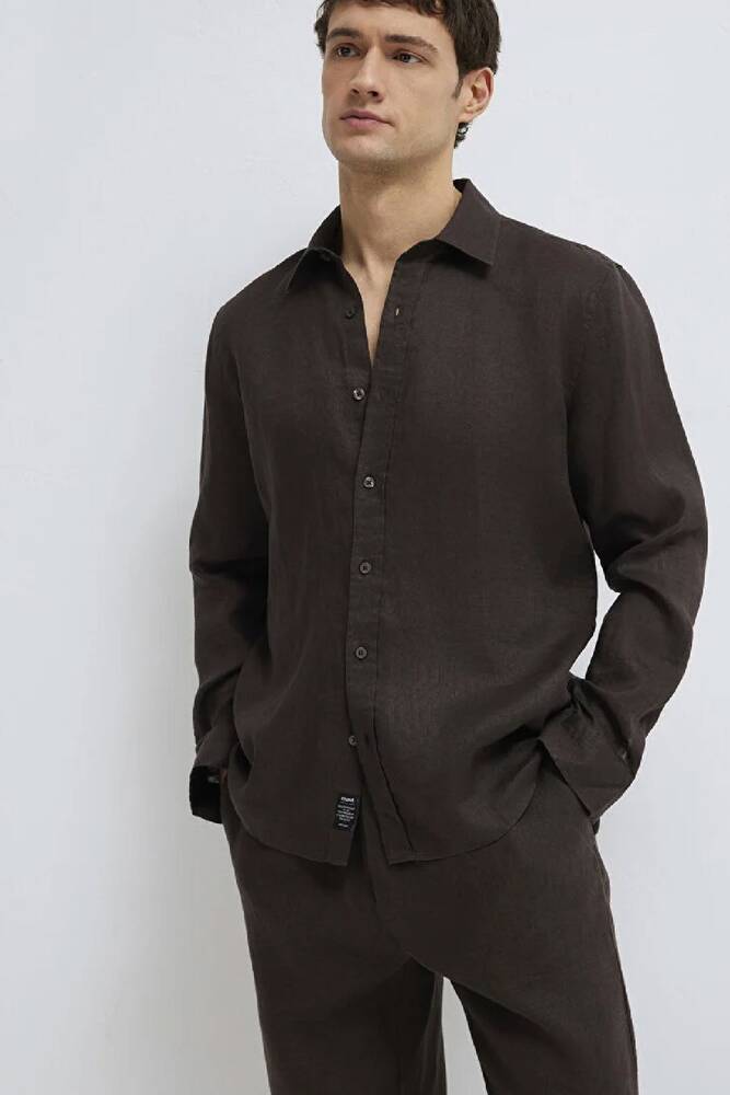 Erkek Keten Karışımlı Gömlek 0211466-70219 Kahve 
