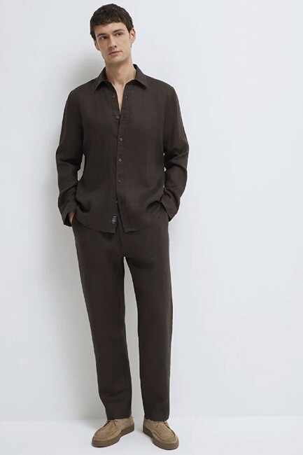 Erkek Keten Karışımlı Gömlek 0211466-70219 Kahve (2)