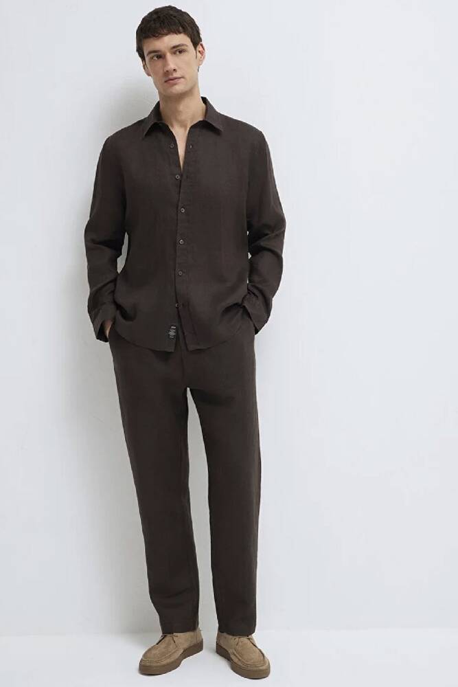 Erkek Keten Karışımlı Gömlek 0211466-70219 Kahve 