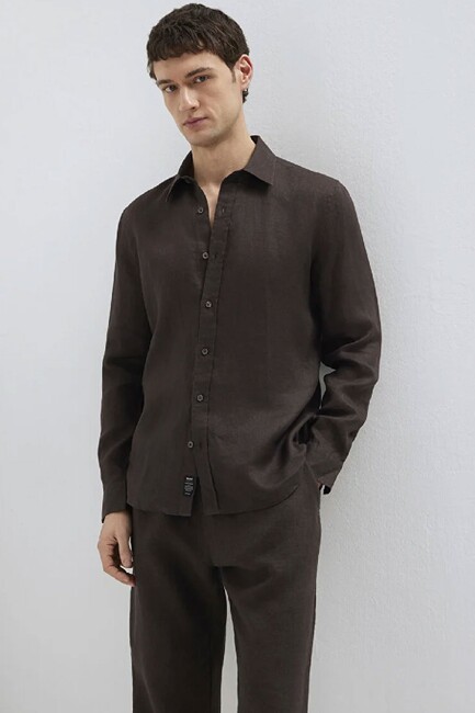 Erkek Keten Karışımlı Gömlek 0211466-70219 Kahve (3)