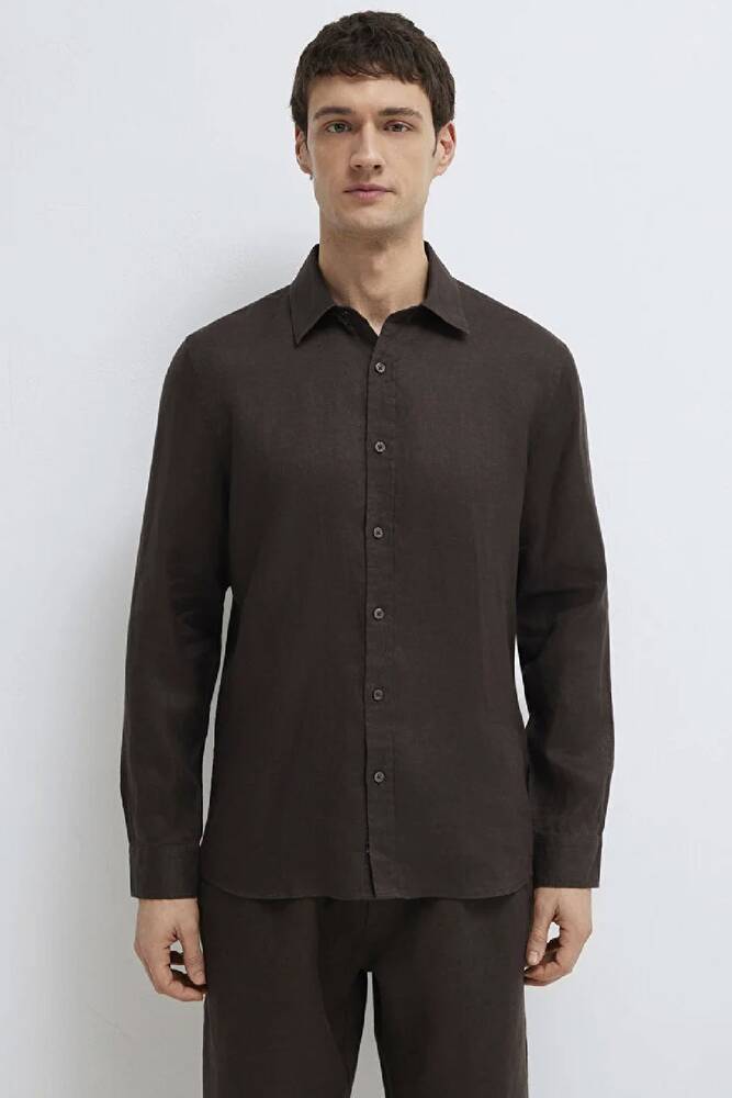 Erkek Keten Karışımlı Gömlek 0211466-70219 Kahve 