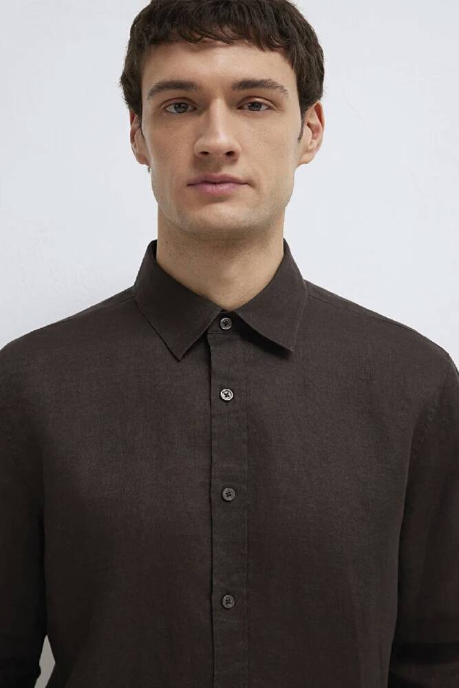Erkek Keten Karışımlı Gömlek 0211466-70219 Kahve 