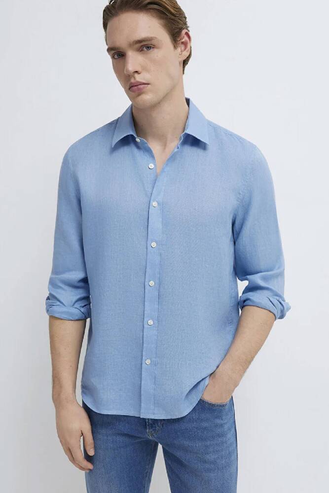 Erkek Keten Karışımlı Gömlek 0211466-70834 Mavi 