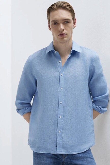 Erkek Keten Karışımlı Gömlek 0211466-70834 Mavi (2)
