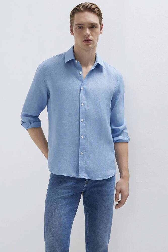 Erkek Keten Karışımlı Gömlek 0211466-70834 Mavi 