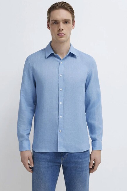 Erkek Keten Karışımlı Gömlek 0211466-70834 Mavi - Thumbnail