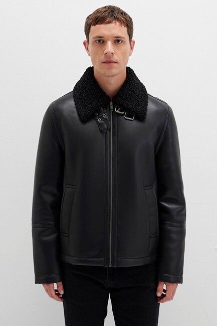 Erkek Kürk Yaka Ceket 0110670-71379 Siyah - Thumbnail