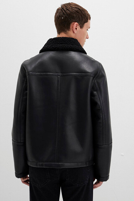 Erkek Kürk Yaka Ceket 0110670-71379 Siyah - Thumbnail