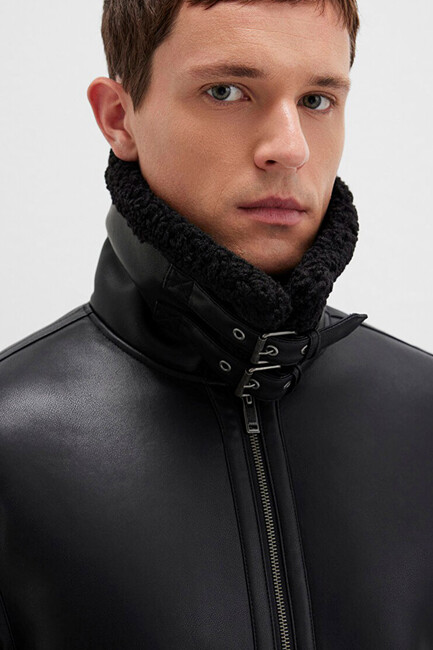 Erkek Kürk Yaka Ceket 0110670-71379 Siyah - Thumbnail