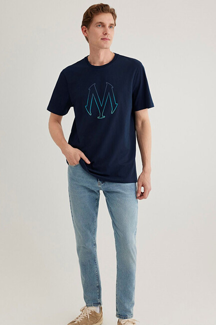 Erkek Mavi Baskılı Tişört 0610635-70490 Lacivert (1)