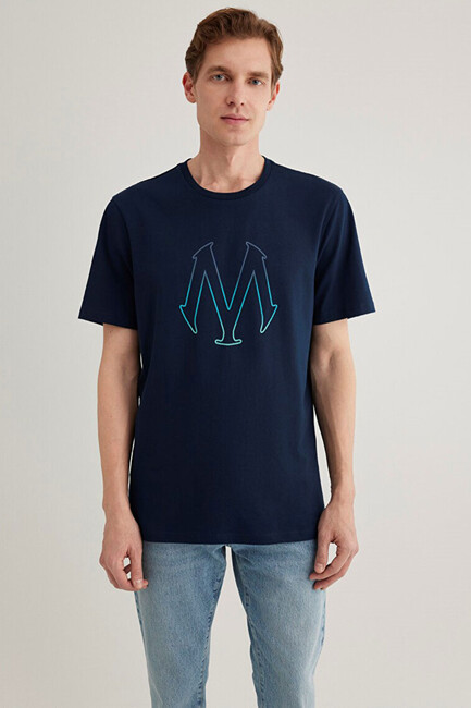 Erkek Mavi Baskılı Tişört 0610635-70490 Lacivert - Thumbnail
