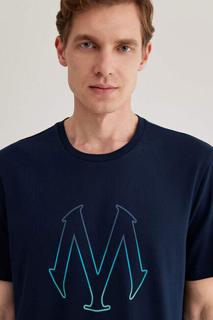 Erkek Mavi Baskılı Tişört 0610635-70490 Lacivert - Thumbnail