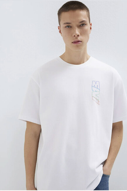 Erkek Mavi Baskılı Tişört 0612350-620 Beyaz (1)