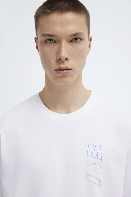 Erkek Mavi Baskılı Tişört 0612350-620 Beyaz - Thumbnail