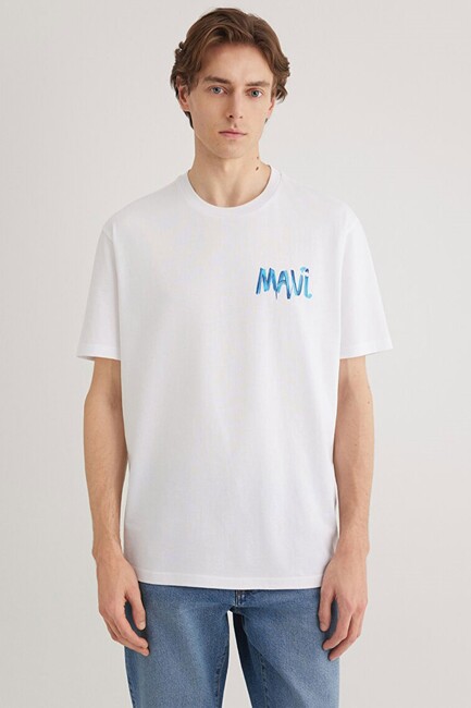 Erkek Mavi Baskılı Tişört 0612468-620 Beyaz - Thumbnail