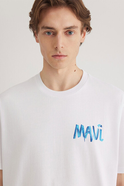 Erkek Mavi Baskılı Tişört 0612468-620 Beyaz - Thumbnail