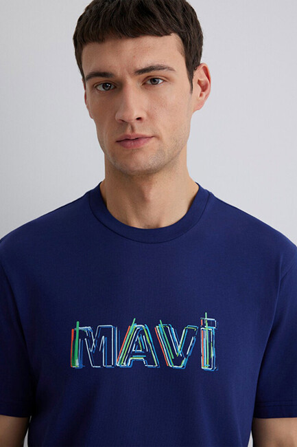 Erkek Mavi Baskılı Tişört 0612587-70496 Lacivert - Thumbnail