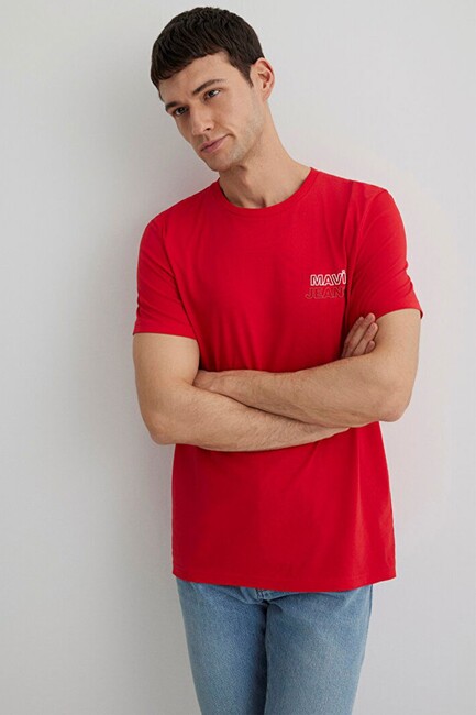 Erkek Mavi Baskılı Tişört 066841-33099 Kırmızı (1)