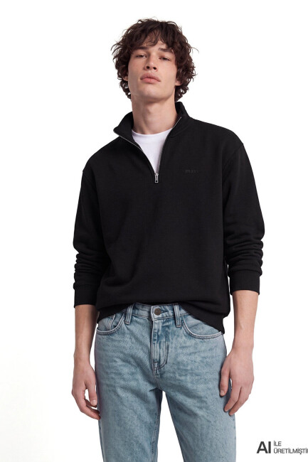 Erkek Mavi Logo Yarım Fermuarlı Sweat 0S10585-900 Siyah 