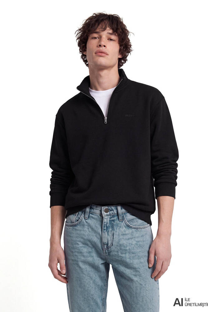 Erkek Mavi Logo Yarım Fermuarlı Sweat 0S10585-900 Siyah - 1