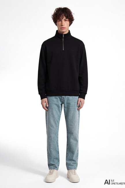 Erkek Mavi Logo Yarım Fermuarlı Sweat 0S10585-900 Siyah  (1)