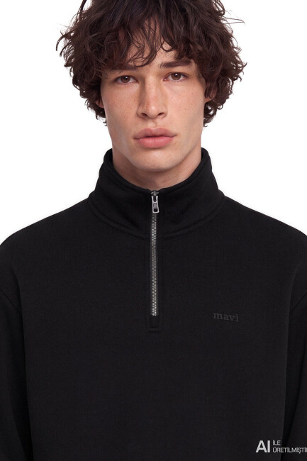 Erkek Mavi Logo Yarım Fermuarlı Sweat 0S10585-900 Siyah - 5