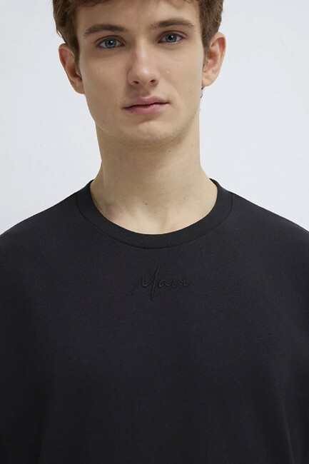 Erkek Mavi Nakışlı Tişört 0613130-900 Siyah - Thumbnail