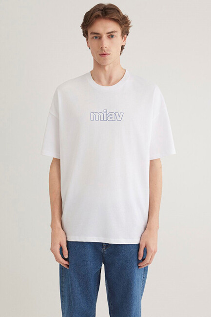 Erkek Miav Baskılı Tişört 0611704-620 Beyaz - Thumbnail