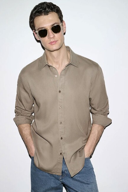 Erkek Uzun Kol Gömlek 0210818-83866 Kahve (1)