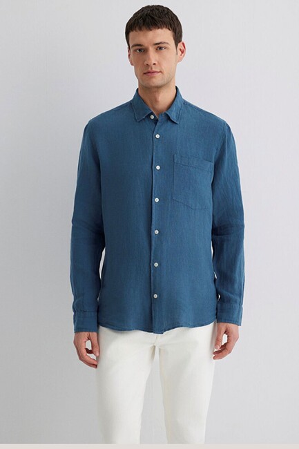 Erkek Uzun Kol Gömlek 0211472-89798 Mavi - Thumbnail