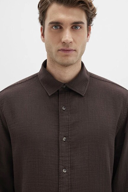 Erkek Uzun Kol Gömlek 0211518-87537 Kahve - Thumbnail