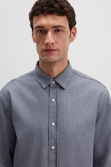 Erkek Uzun Kol Gömlek 0211765-89892 Gri - Thumbnail