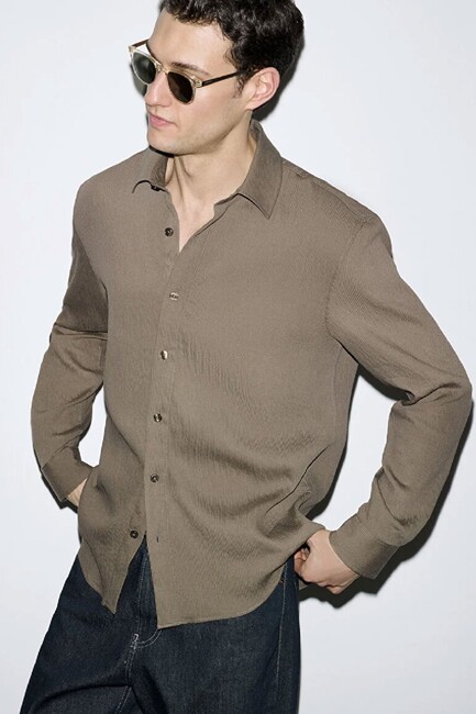 Erkek Uzun Kol Gömlek 0211829-83866 Kahve (2)
