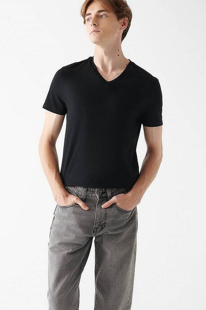 Erkek V Yaka Streç Basic Tişört 061748-900 Siyah 