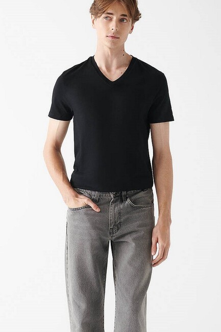 Erkek V Yaka Streç Basic Tişört 061748-900 Siyah (2)