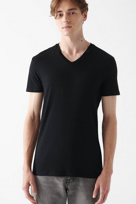 Erkek V Yaka Streç Basic Tişört 061748-900 Siyah (3)