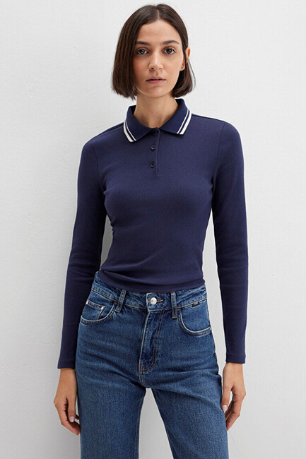 Kadın Polo Yaka Modelli Penye 1613836-80729 Lacivert (3)
