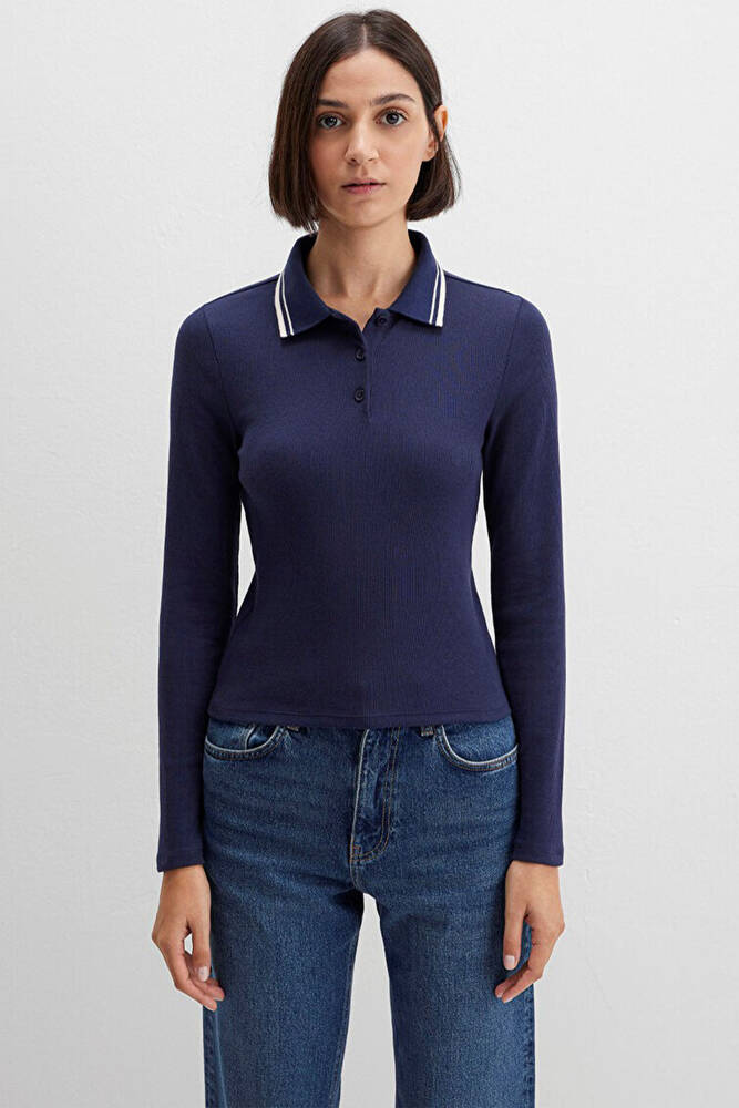 Kadın Polo Yaka Modelli Penye 1613836-80729 Lacivert 